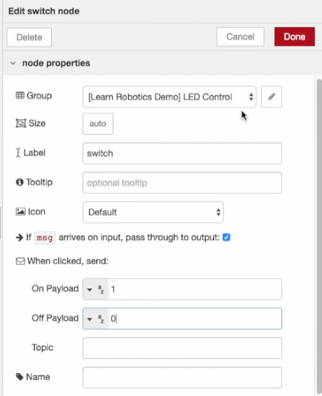 Node-RED switch settings dashboard