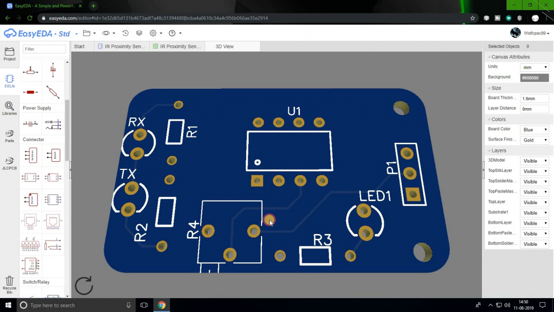 3D view of a custom PCB in EasyEDA