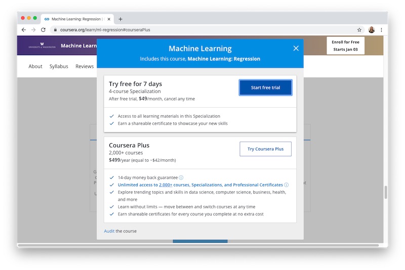 How to Subscribe to Coursera Plus. Where the enrollment button is